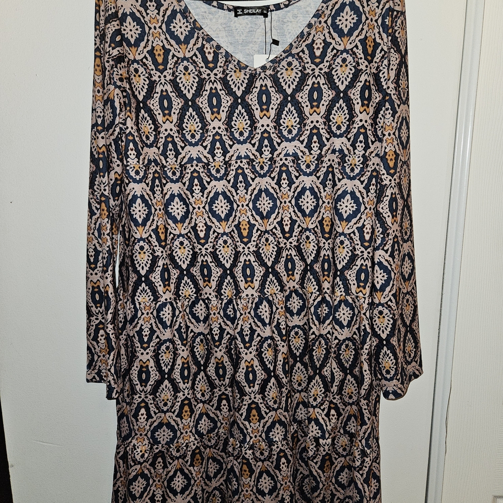Selby Navy and Beige Patterned V‑Neck Women’s Dress